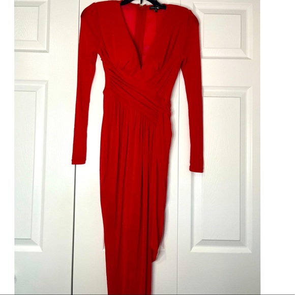 FASHION NOVA RED LONG SLEEVE GLITTER MAXI HIGH SLIT DRESS - Picture 4 of 7